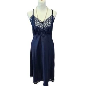 Vintage Lady lynne crepe sexy lace lingerie slip dress large XL 40 blue nylon